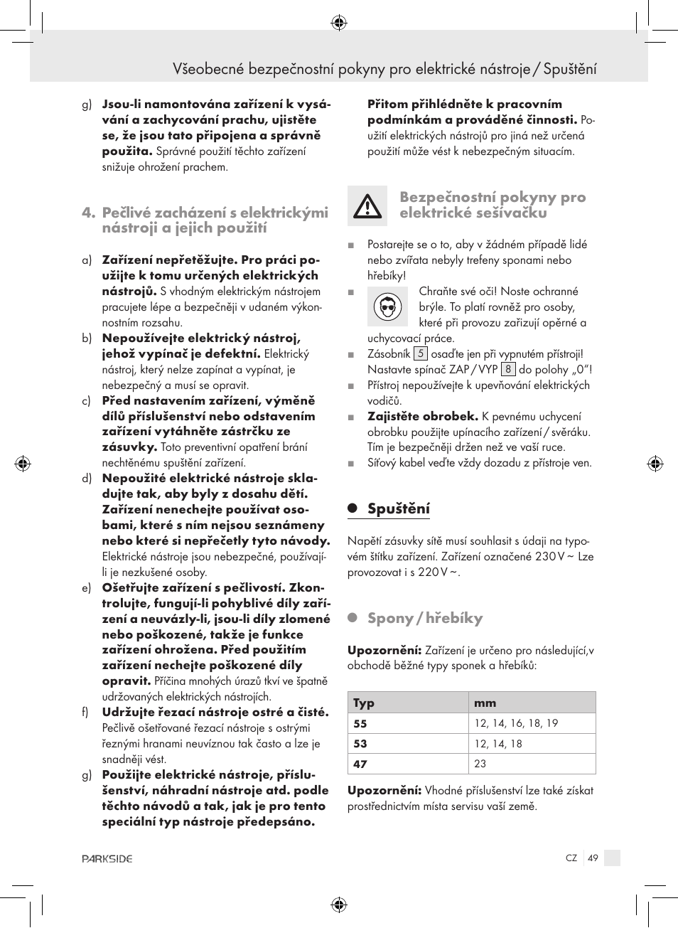 Bezpečnostní pokyny pro elektrické sešívačku, Spuštění, Spony / hřebíky | Kompernass PET 23 VARIO User Manual | Page 47 / 81