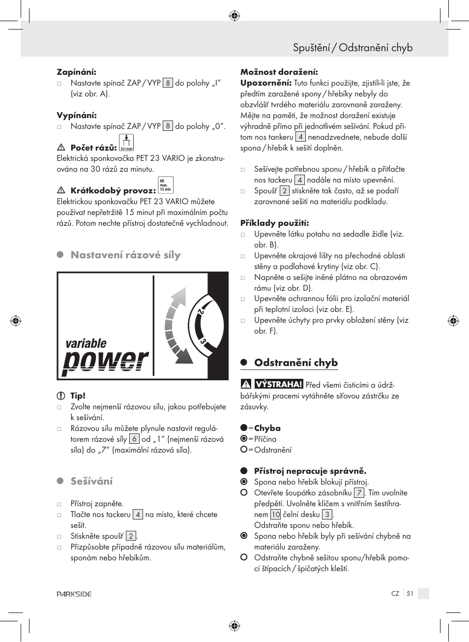 Spuštění / odstranění chyb, Nastavení rázové síly, Sešívání | Odstranění chyb | Kompernass PET 23 VARIO User Manual | Page 49 / 81