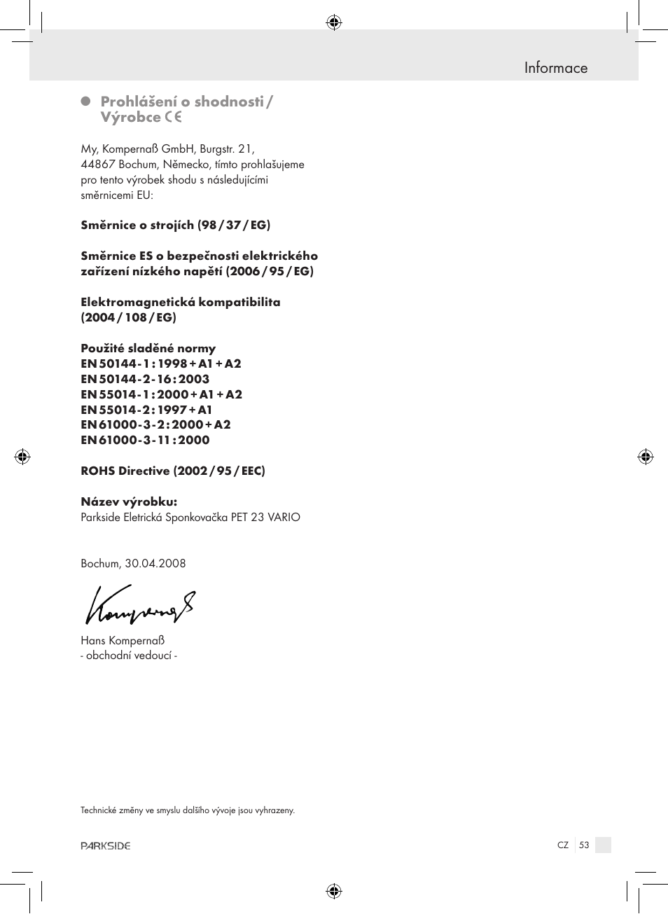 Informace, Prohlášení o shodnosti / výrobce | Kompernass PET 23 VARIO User Manual | Page 51 / 81