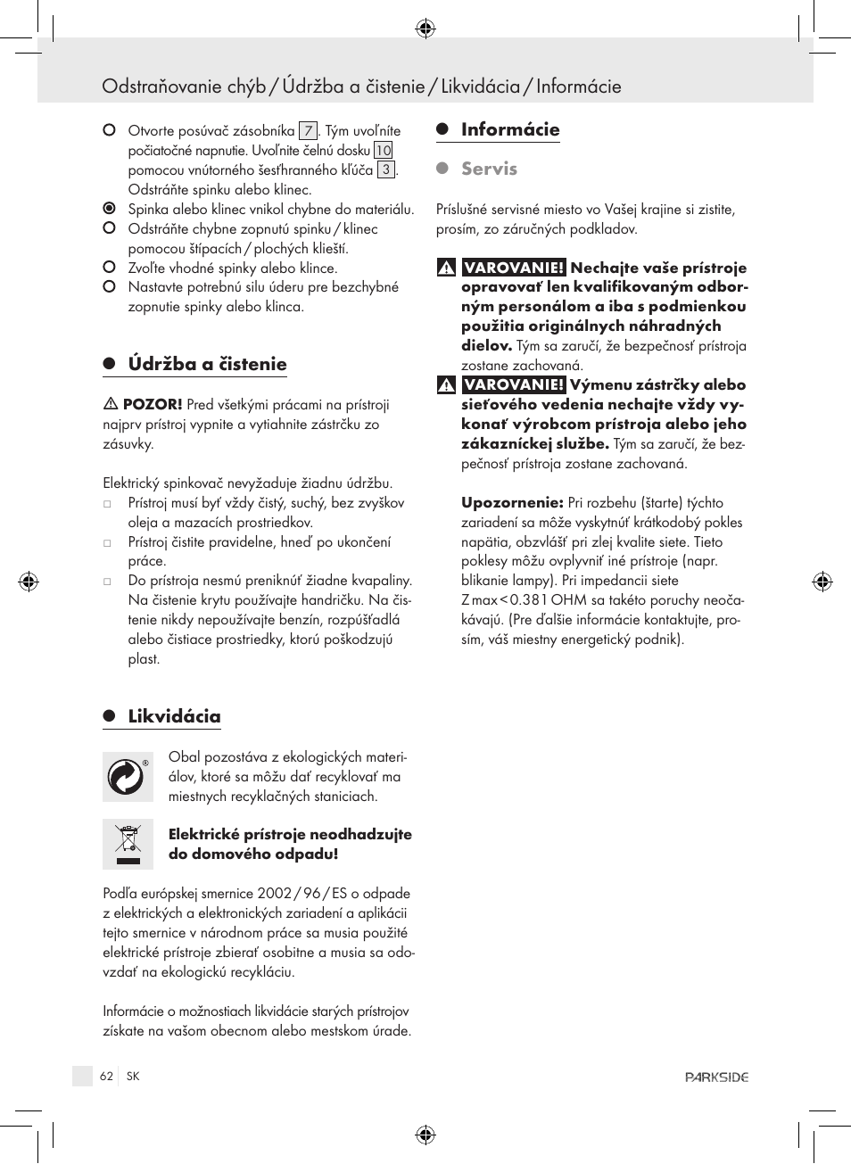 Údržba a čistenie, Likvidácia, Informácie | Servis | Kompernass PET 23 VARIO User Manual | Page 60 / 81