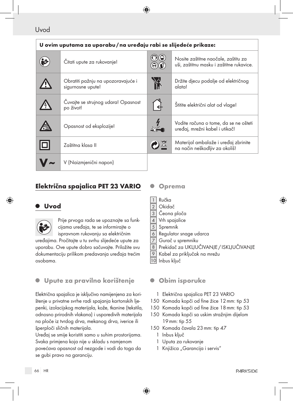 Uvod, Električna spajalica pet 23 vario, Upute za pravilno korištenje | Oprema, Obim isporuke | Kompernass PET 23 VARIO User Manual | Page 64 / 81