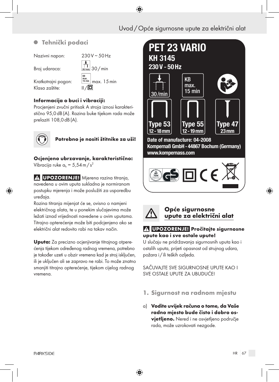Pet 23 vario, Kh 3145, Type 53 | Type 55, Type 47, Uvod / opće sigurnosne upute za električni alat, Tehnički podaci, Opće sigurnosne upute za električni alat, Sigurnost na radnom mjestu | Kompernass PET 23 VARIO User Manual | Page 65 / 81