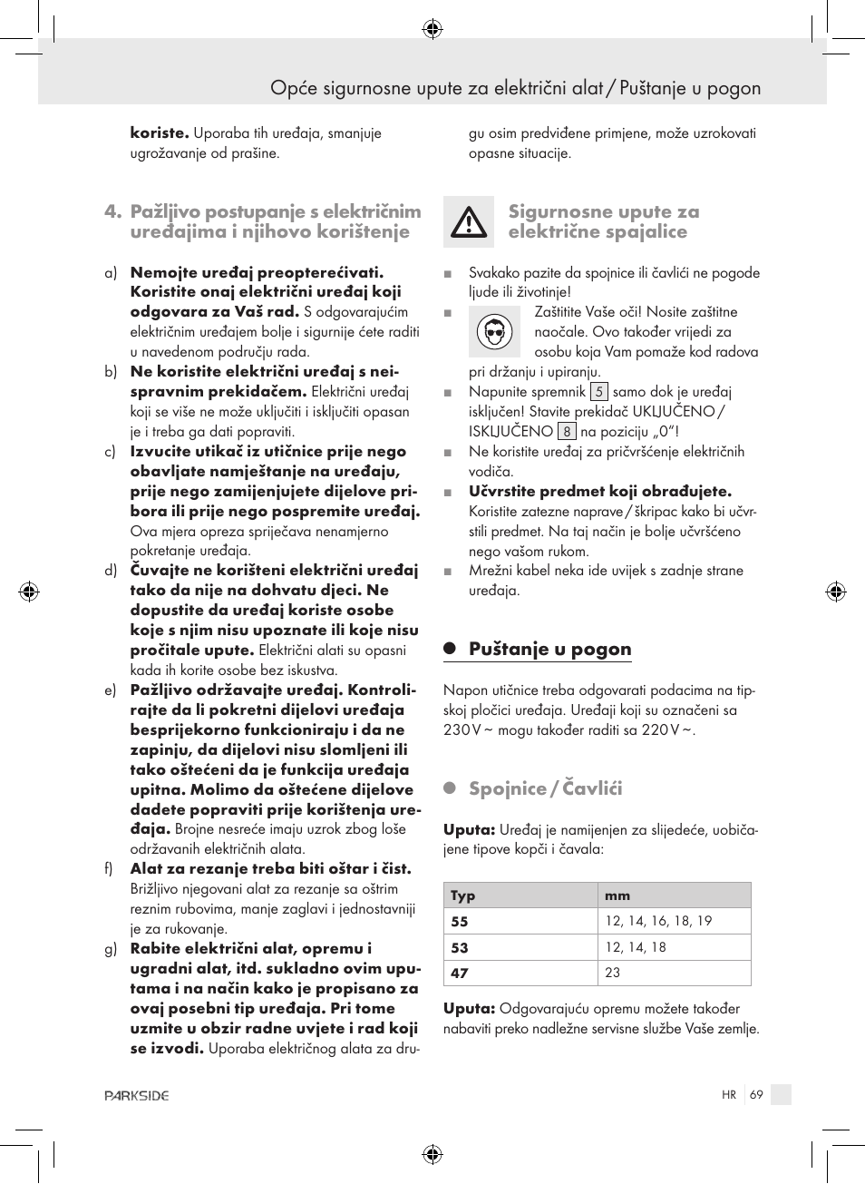 Sigurnosne upute za električne spajalice, Puštanje u pogon, Spojnice / čavlići | Kompernass PET 23 VARIO User Manual | Page 67 / 81