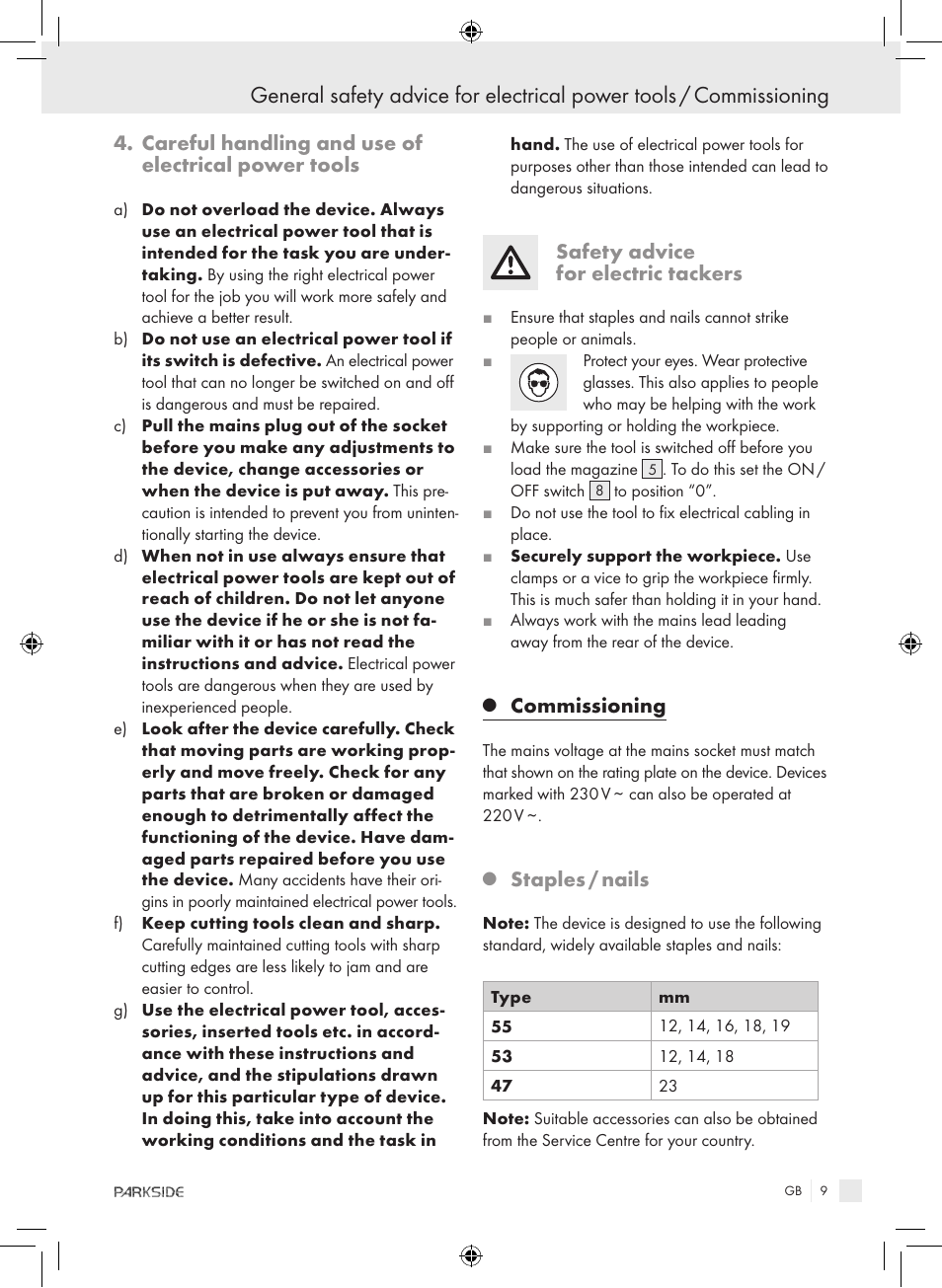 Careful handling and use of electrical power tools, Safety advice for electric tackers, Commissioning | Staples / nails | Kompernass PET 23 VARIO User Manual | Page 7 / 81