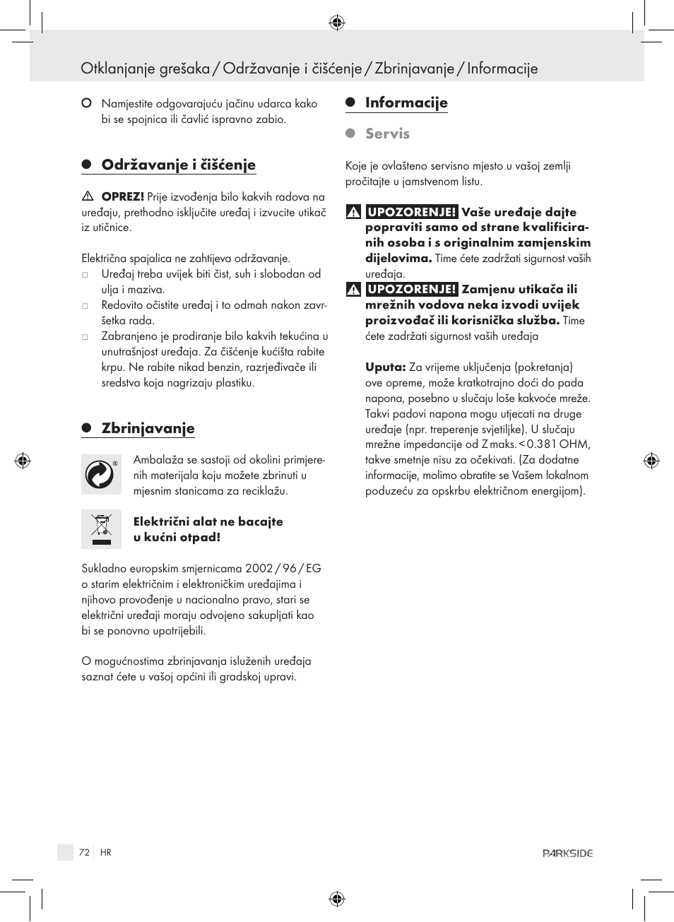 Održavanje i čišćenje, Zbrinjavanje, Informacije | Servis | Kompernass PET 23 VARIO User Manual | Page 70 / 81