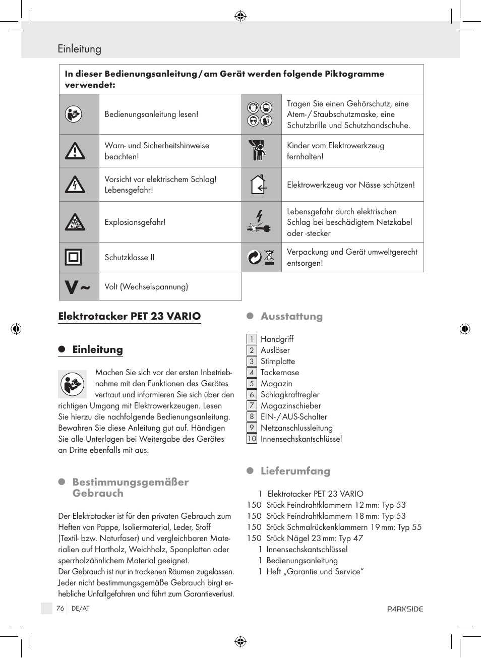 Elektrotacker pet 23 vario, Einleitung, Bestimmungsgemäßer gebrauch | Ausstattung, Lieferumfang | Kompernass PET 23 VARIO User Manual | Page 74 / 81