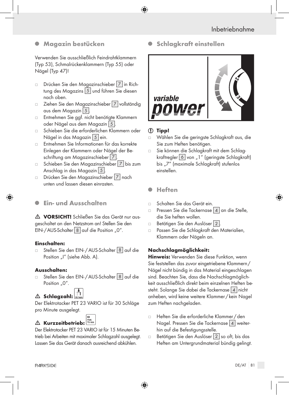Inbetriebnahme, Magazin bestücken, Ein- und ausschalten | Schlagkraft einstellen, Heften | Kompernass PET 23 VARIO User Manual | Page 79 / 81