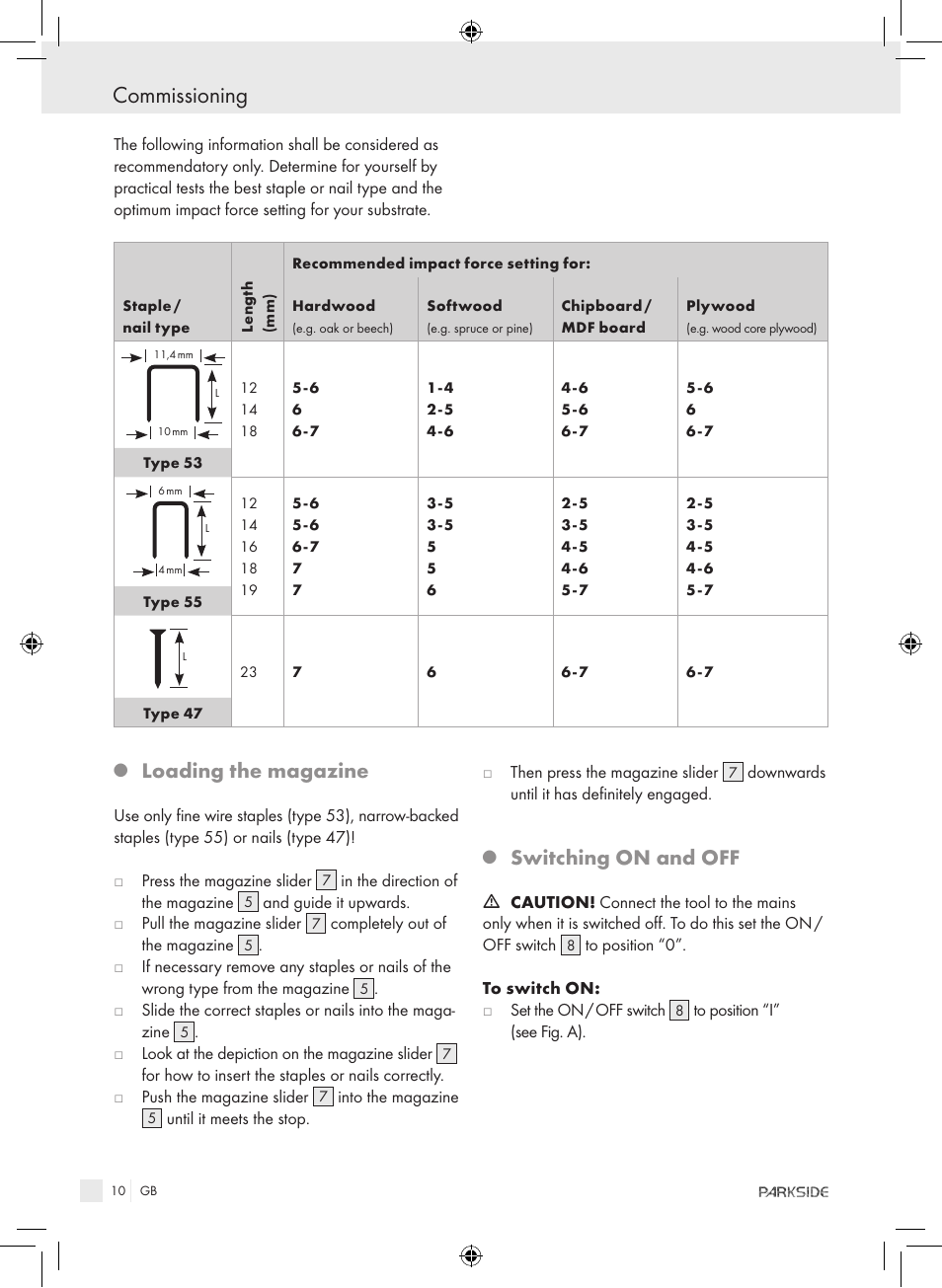 Commissioning, Loading the magazine, Switching on and off | Kompernass PET 23 VARIO User Manual | Page 8 / 81
