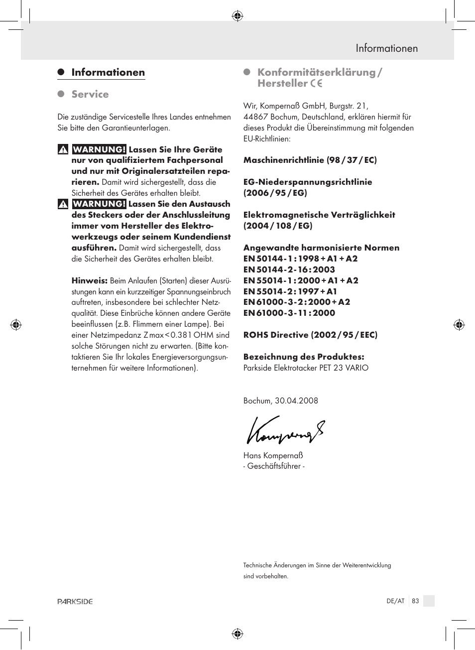 Informationen, Service, Konformitätserklärung / hersteller | Kompernass PET 23 VARIO User Manual | Page 81 / 81