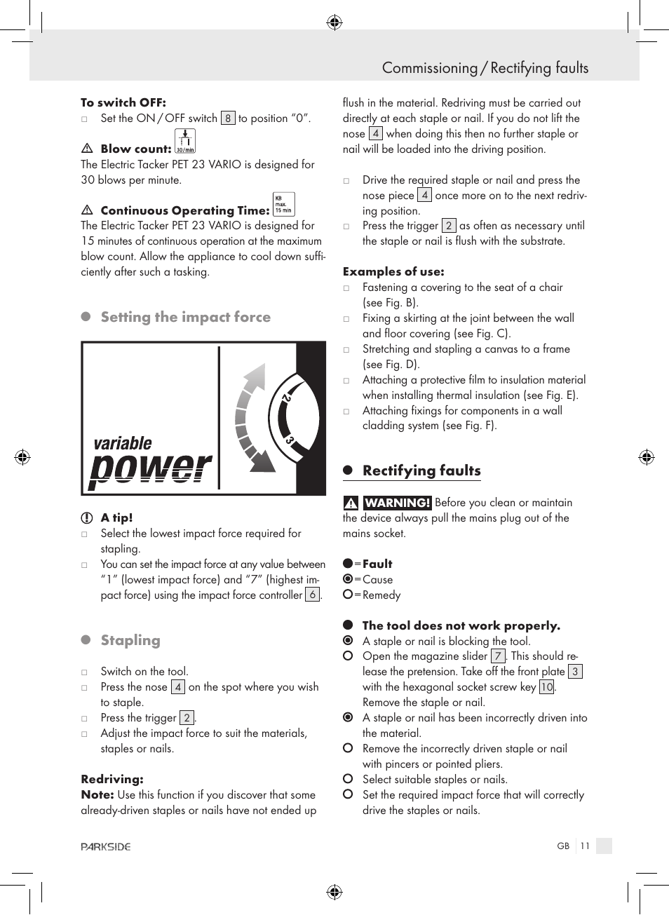 Commissioning / rectifying faults, Setting the impact force, Stapling | Rectifying faults | Kompernass PET 23 VARIO User Manual | Page 9 / 81