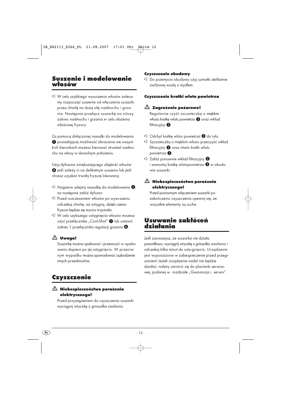 Suszenie i modelowanie włosów, Czyszczenie, Usuwanie zakłóceń działania | Kompernass KH 1149 User Manual | Page 12 / 50
