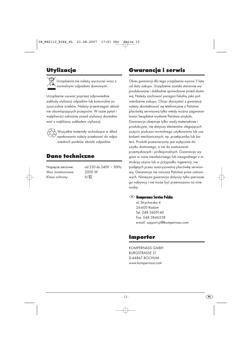 Utylizacja, Dane techniczne, Gwarancja i serwis | Importer | Kompernass KH 1149 User Manual | Page 13 / 50
