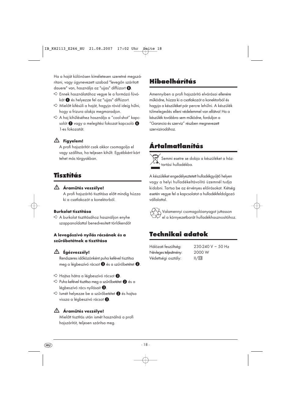 Tisztítás, Hibaelhárítás, Ártalmatlanítás | Technikai adatok | Kompernass KH 1149 User Manual | Page 18 / 50
