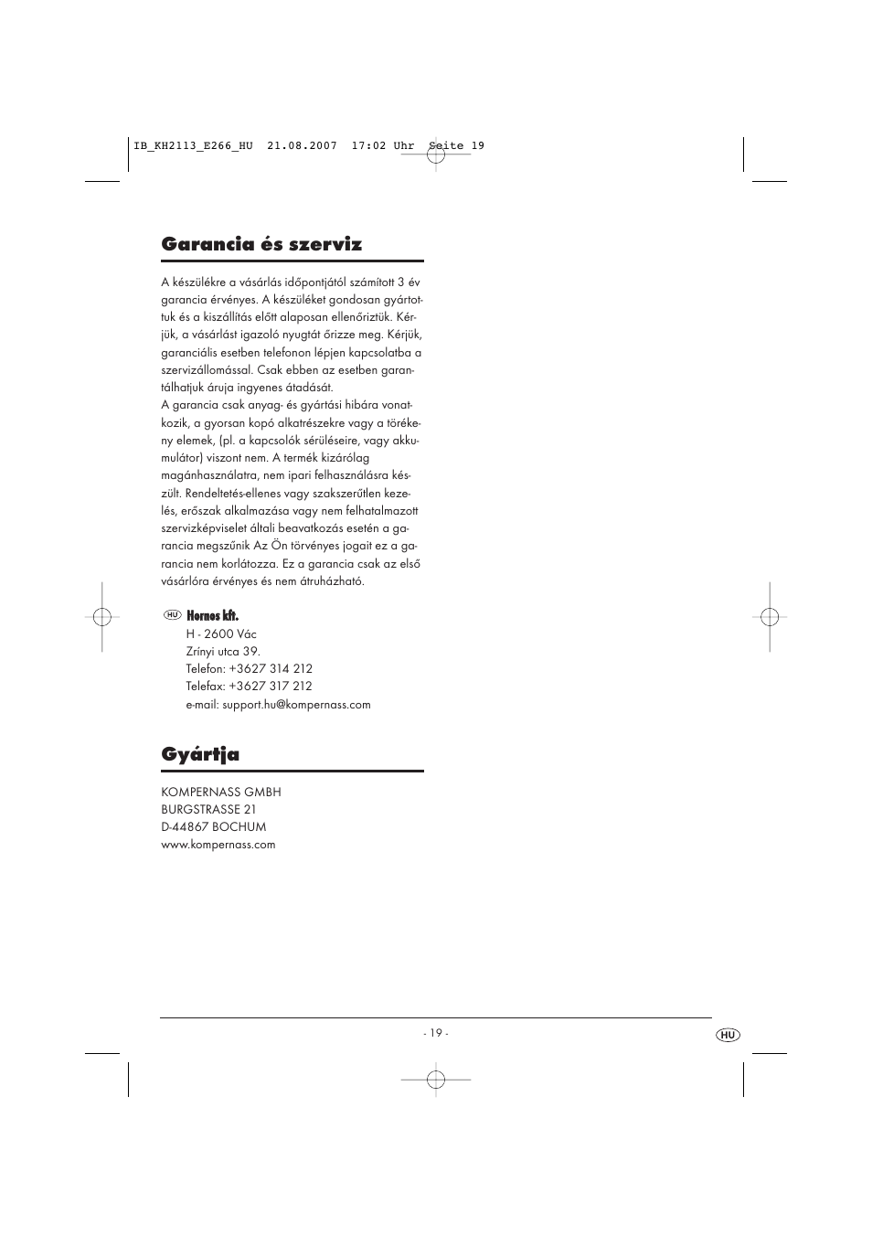 Garancia és szerviz, Gyártja | Kompernass KH 1149 User Manual | Page 19 / 50