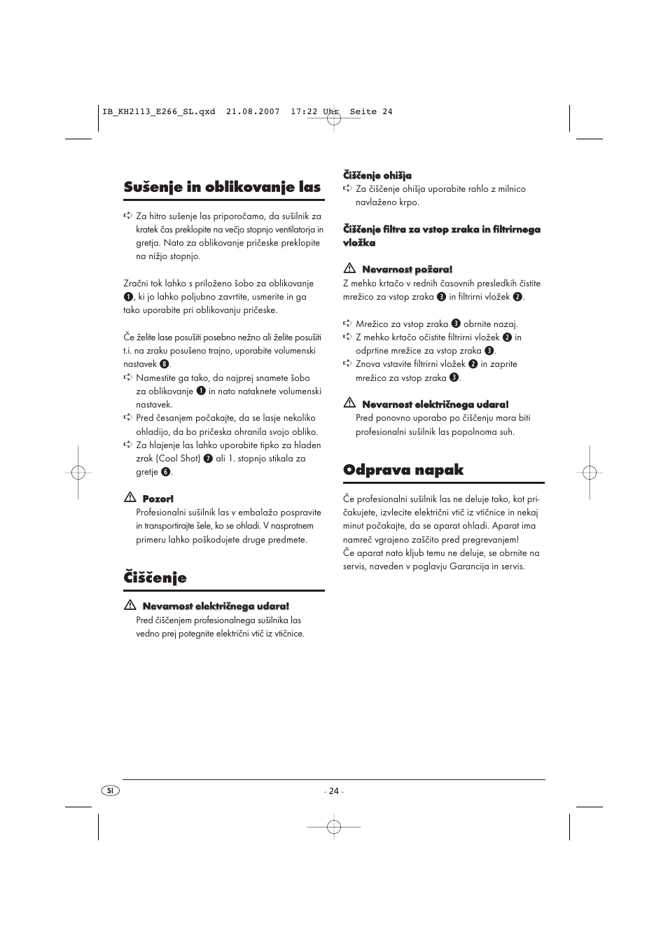 Sušenje in oblikovanje las, Čiščenje, Odprava napak | Kompernass KH 1149 User Manual | Page 24 / 50