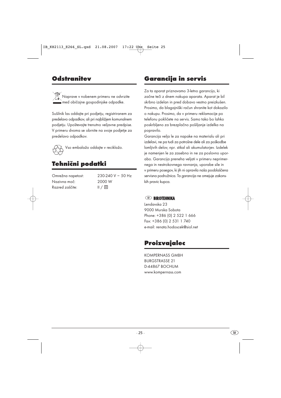 Odstranitev, Tehnični podatki, Garancija in servis | Proizvajalec | Kompernass KH 1149 User Manual | Page 25 / 50