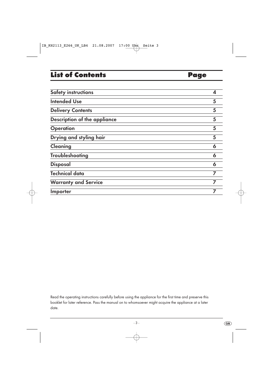 List of contents page | Kompernass KH 1149 User Manual | Page 3 / 50