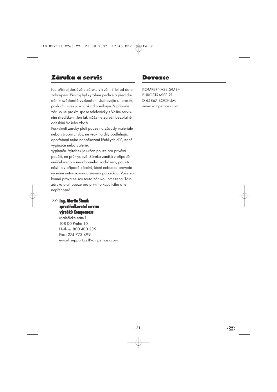 Záruka a servis, Dovozce | Kompernass KH 1149 User Manual | Page 31 / 50