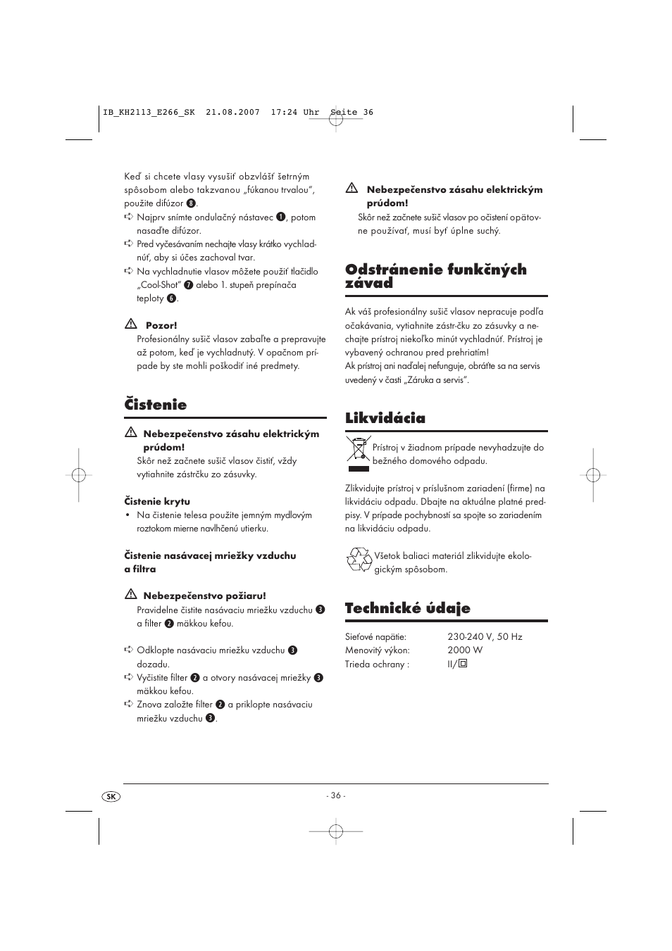 Čistenie, Odstránenie funkčných závad, Likvidácia | Technické údaje | Kompernass KH 1149 User Manual | Page 36 / 50