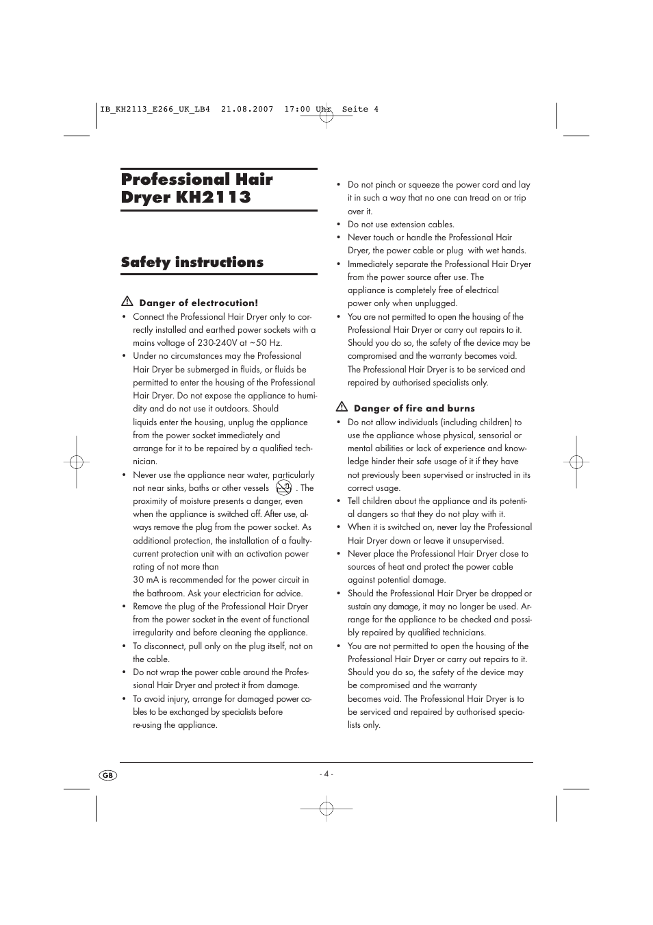 Professional hair dryer kh2113, Safety instructions | Kompernass KH 1149 User Manual | Page 4 / 50