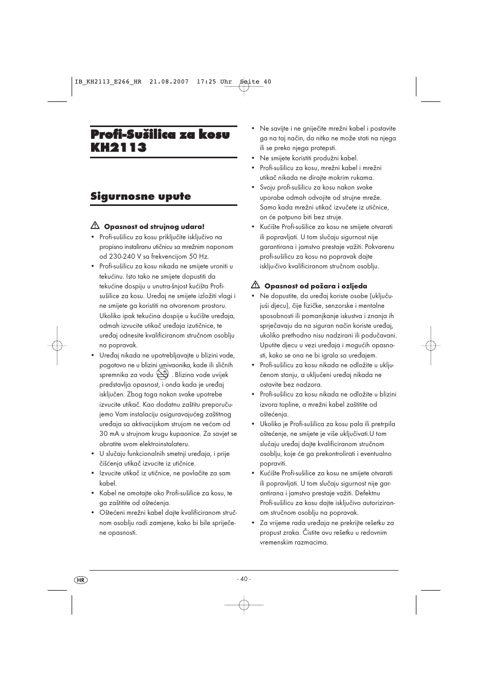 Sigurnosne upute | Kompernass KH 1149 User Manual | Page 40 / 50