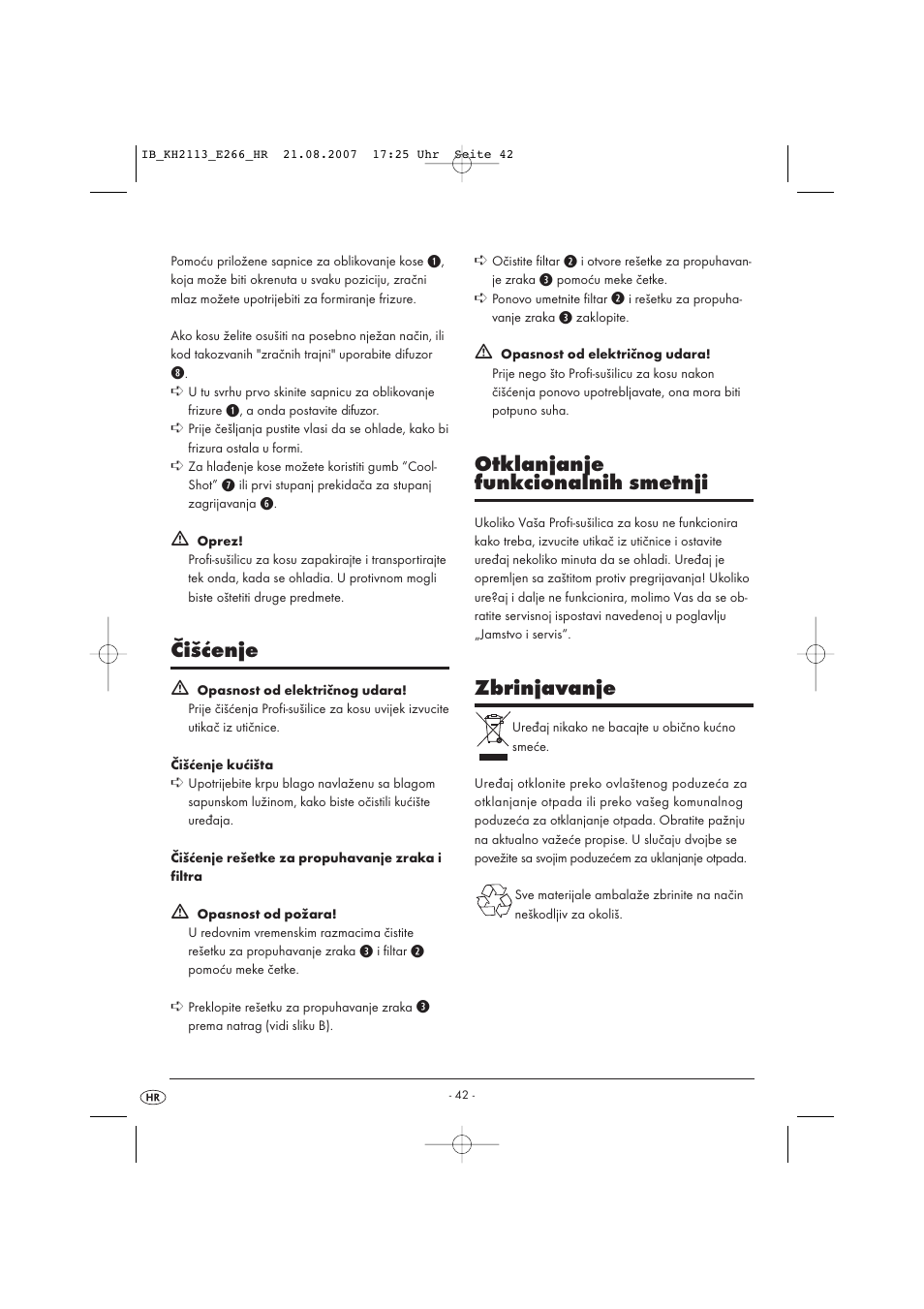 Čišćenje, Otklanjanje funkcionalnih smetnji, Zbrinjavanje | Kompernass KH 1149 User Manual | Page 42 / 50