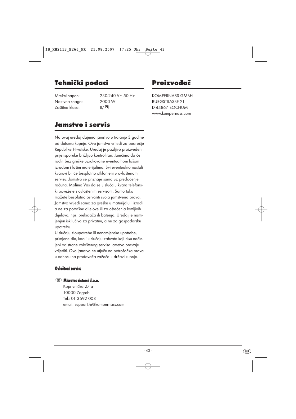 Tehnički podaci, Jamstvo i servis, Proizvođač | Kompernass KH 1149 User Manual | Page 43 / 50