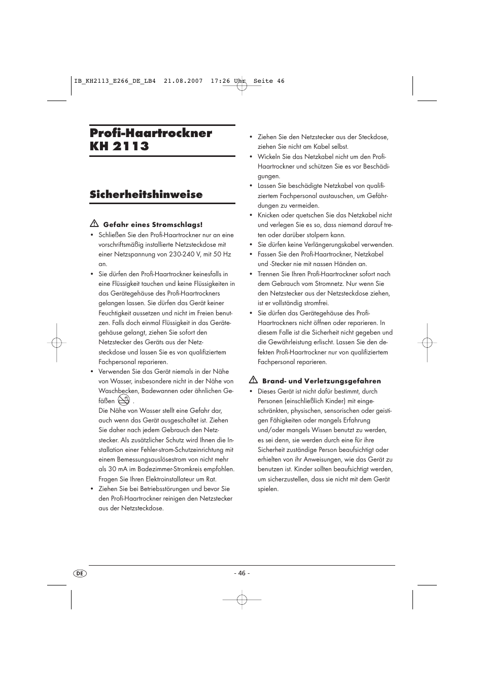 Profi-haartrockner kh 2113, Sicherheitshinweise | Kompernass KH 1149 User Manual | Page 46 / 50