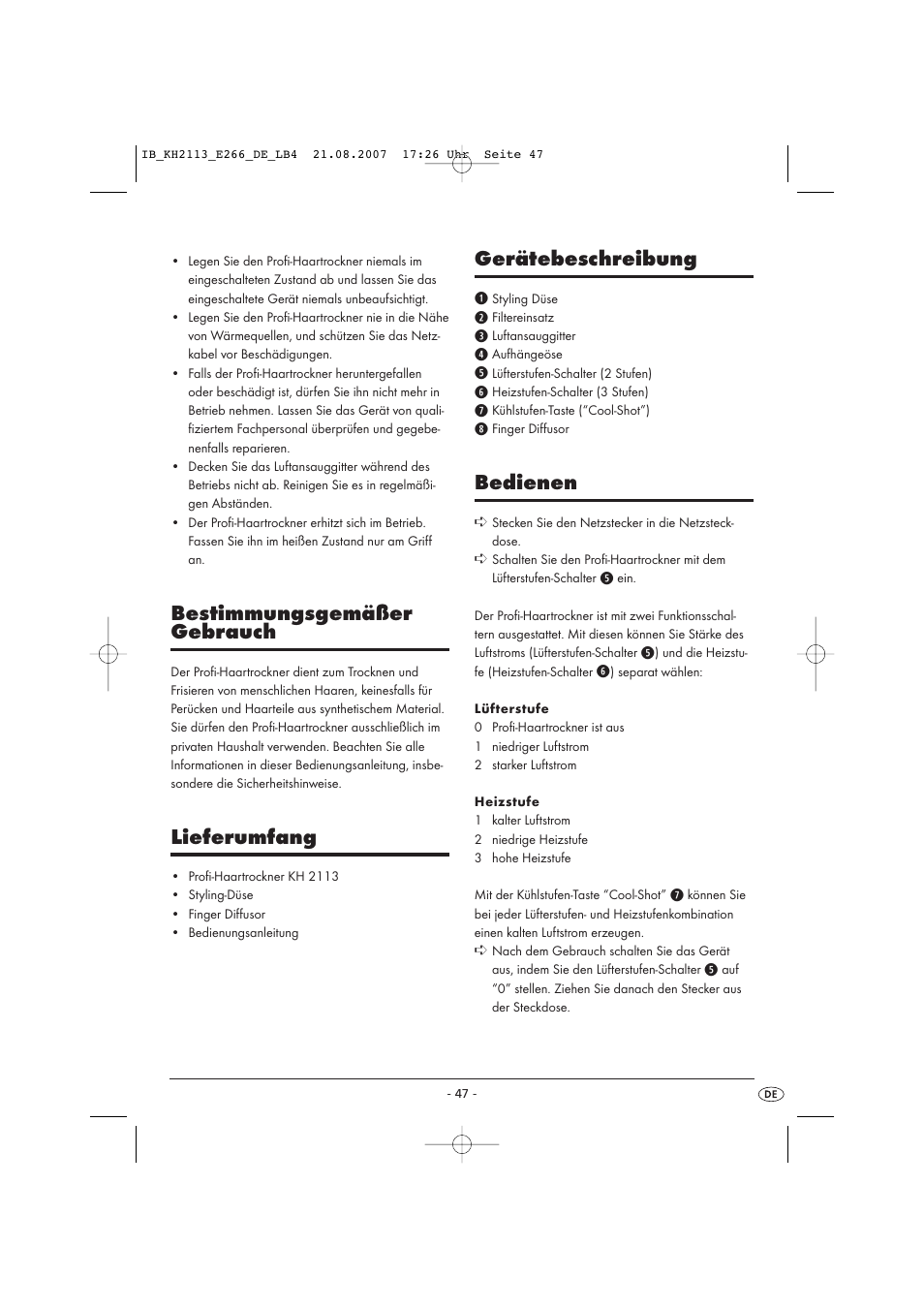 Bestimmungsgemäßer gebrauch, Lieferumfang, Gerätebeschreibung | Bedienen | Kompernass KH 1149 User Manual | Page 47 / 50