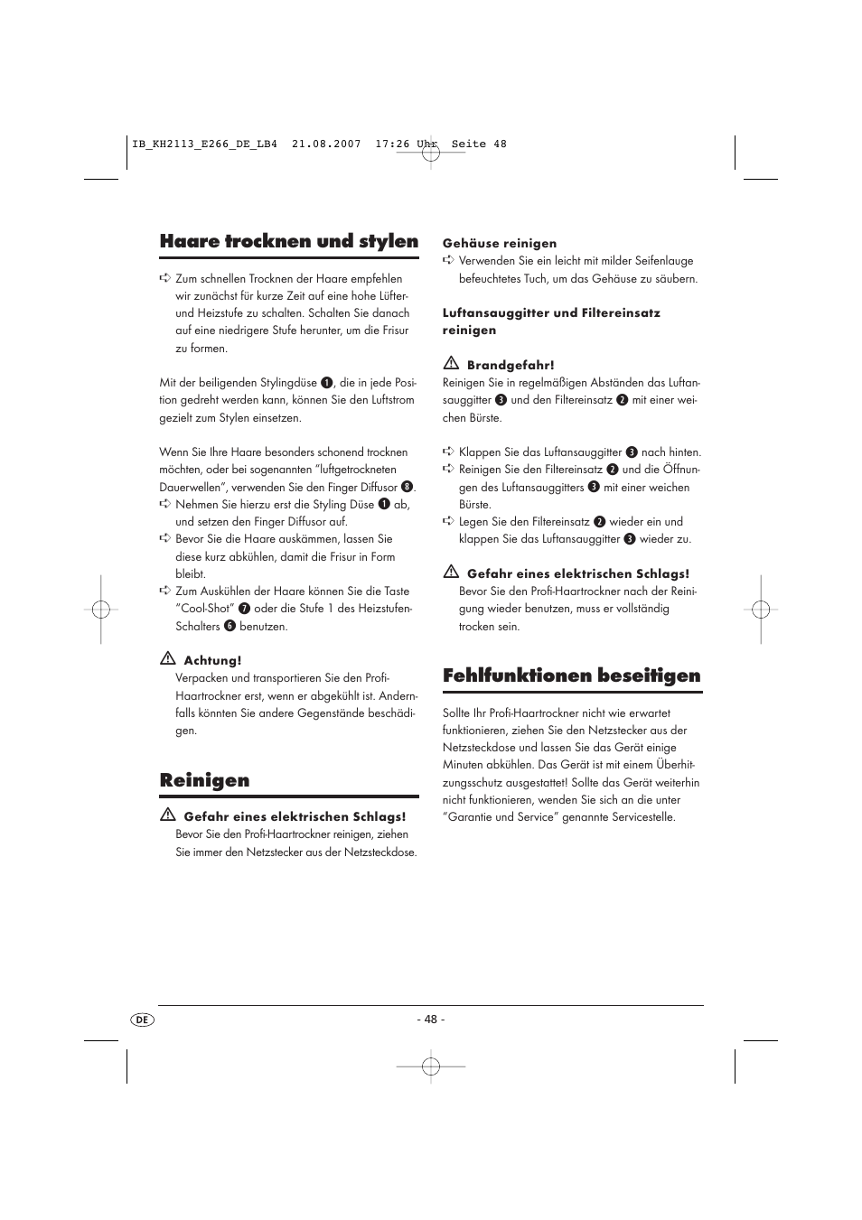 Haare trocknen und stylen, Reinigen, Fehlfunktionen beseitigen | Kompernass KH 1149 User Manual | Page 48 / 50
