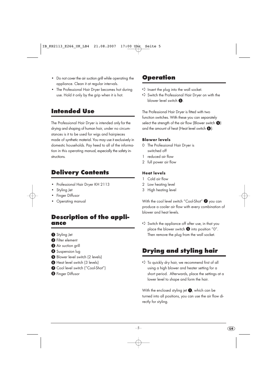 Intended use, Delivery contents, Description of the appli- ance | Operation, Drying and styling hair | Kompernass KH 1149 User Manual | Page 5 / 50