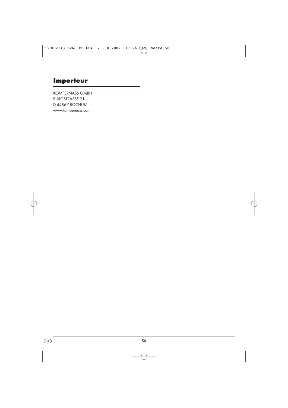 Importeur | Kompernass KH 1149 User Manual | Page 50 / 50