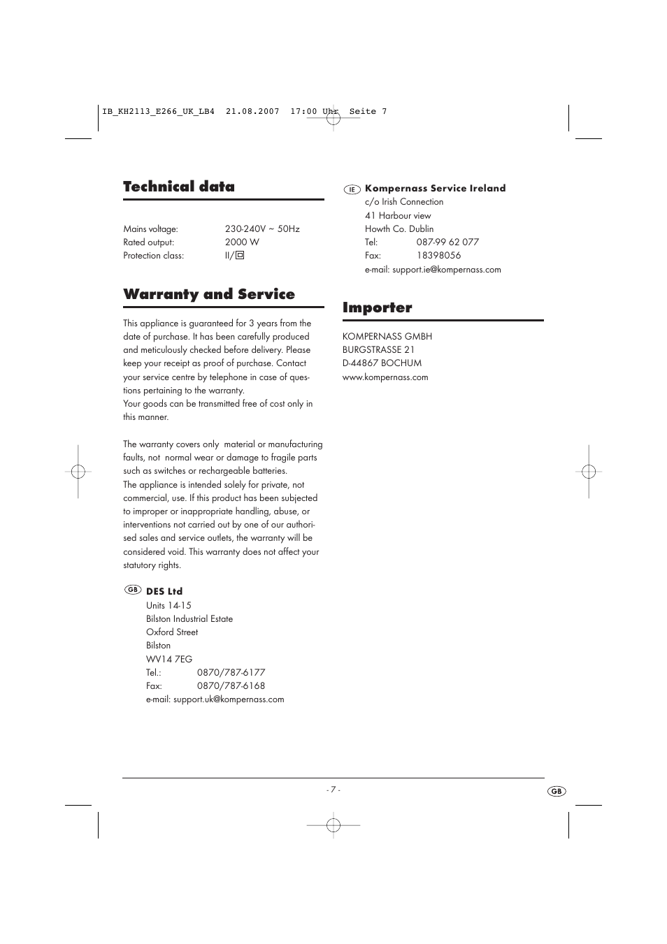 Technical data, Warranty and service, Importer | Kompernass KH 1149 User Manual | Page 7 / 50