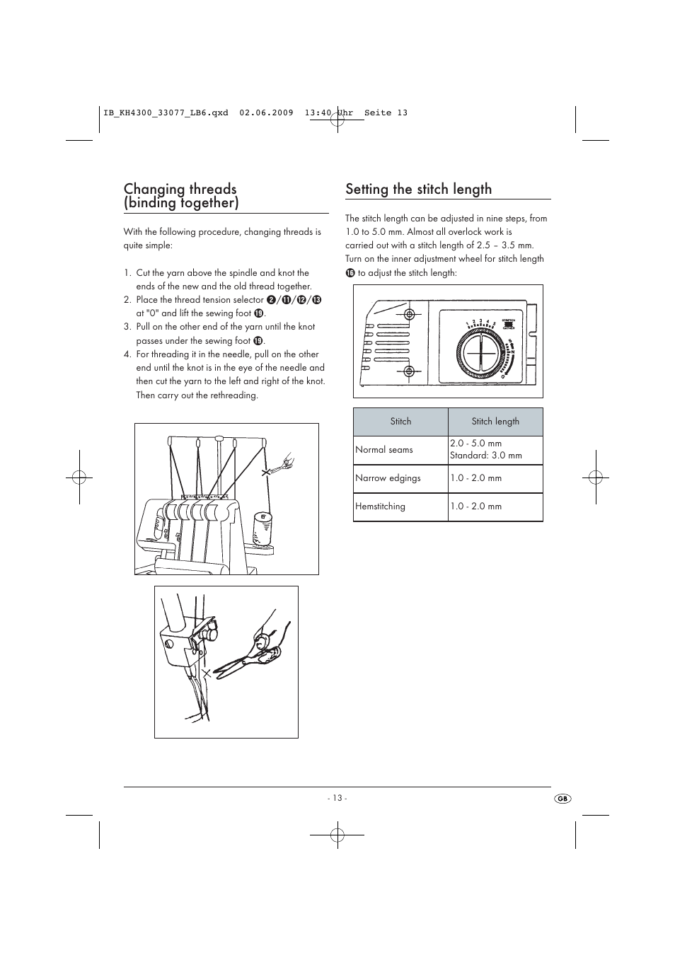 Changing threads (binding together), Setting the stitch length | Kompernass KH 4300 User Manual | Page 15 / 24