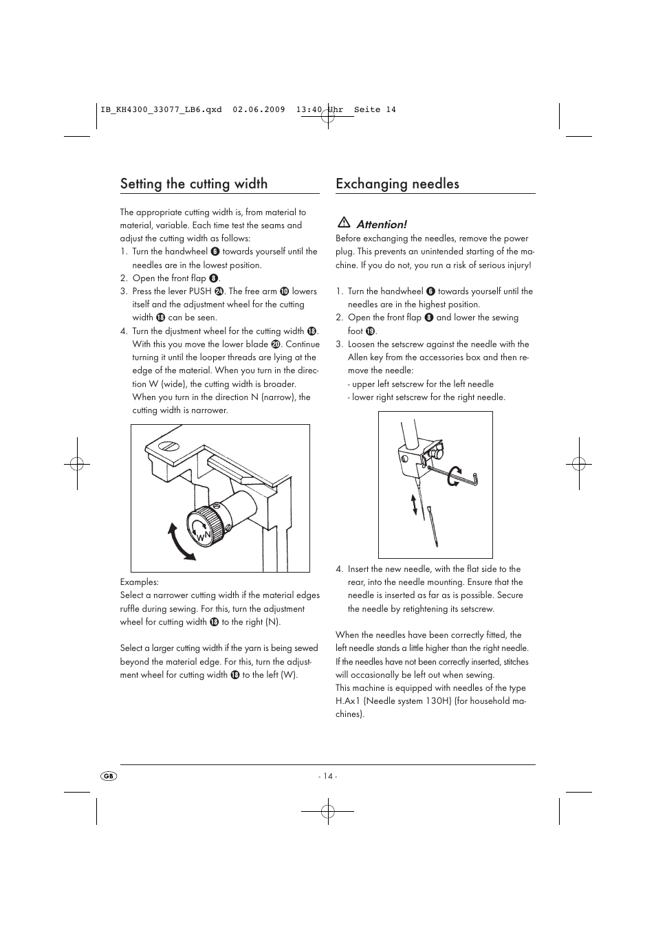 Setting the cutting width, Exchanging needles | Kompernass KH 4300 User Manual | Page 16 / 24