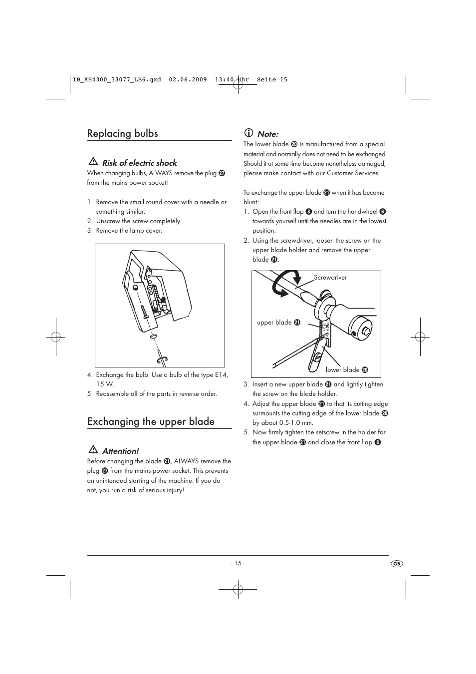 Replacing bulbs, Exchanging the upper blade | Kompernass KH 4300 User Manual | Page 17 / 24