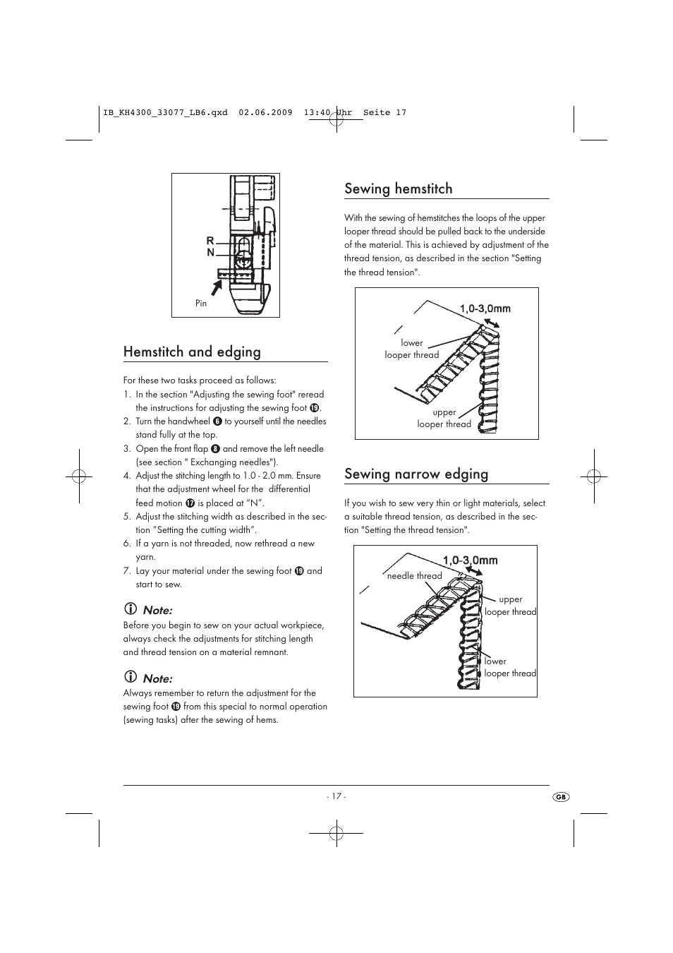 Hemstitch and edging, Sewing hemstitch, Sewing narrow edging | Kompernass KH 4300 User Manual | Page 19 / 24