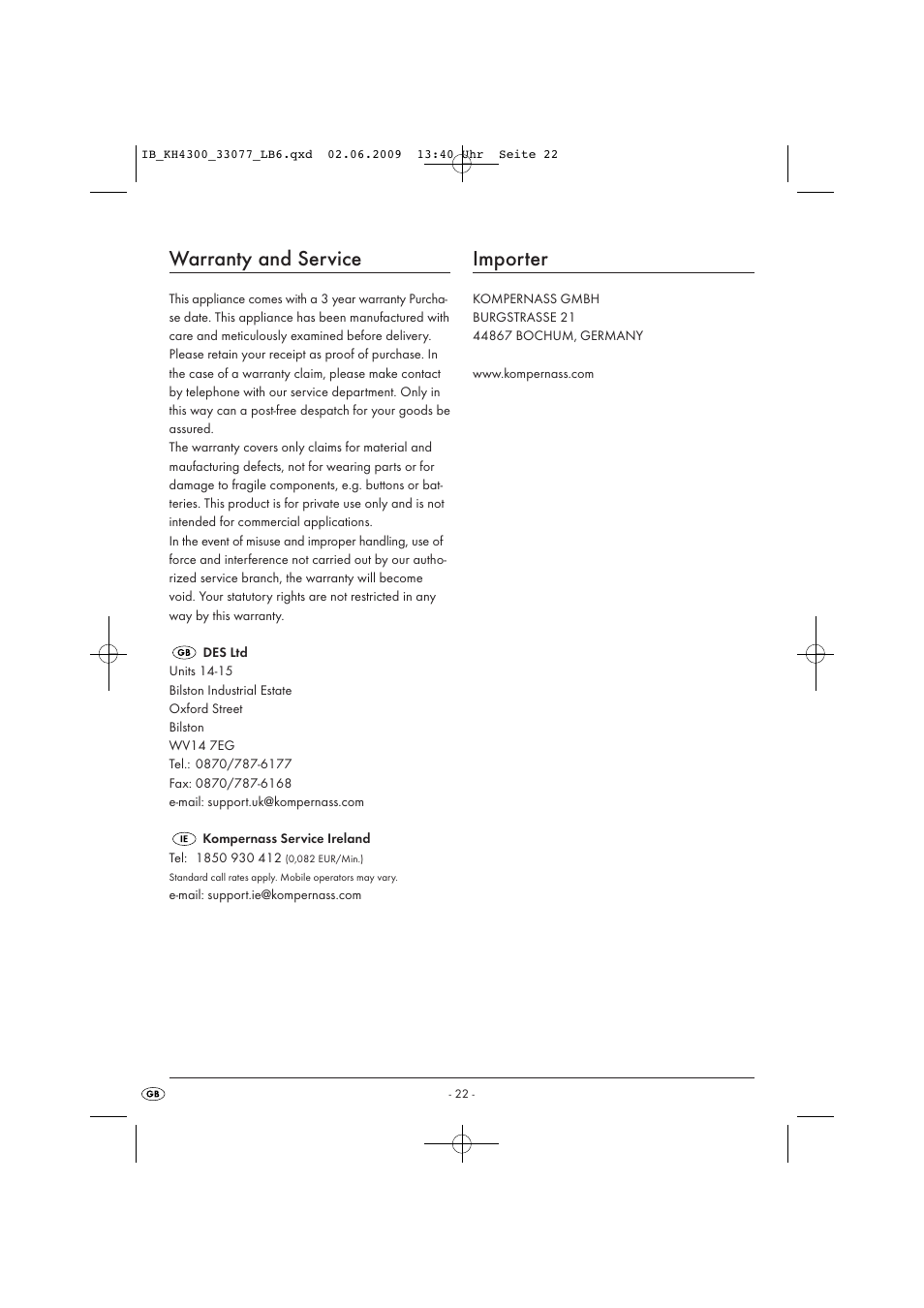 Warranty and service, Importer | Kompernass KH 4300 User Manual | Page 24 / 24