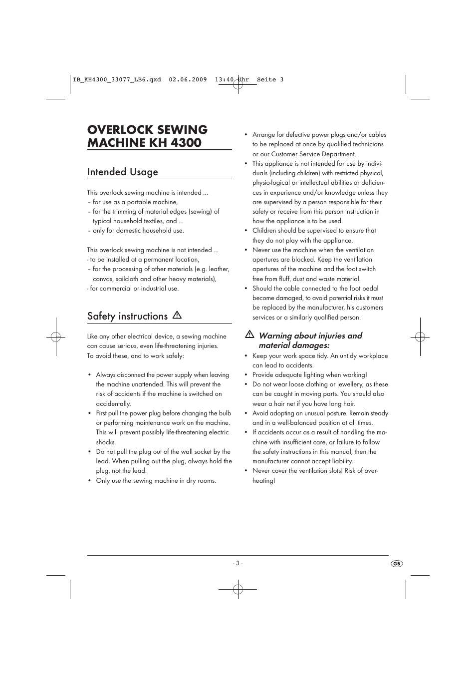 Overlock sewing machine kh 4300, Intended usage, Safety instructions | Kompernass KH 4300 User Manual | Page 5 / 24