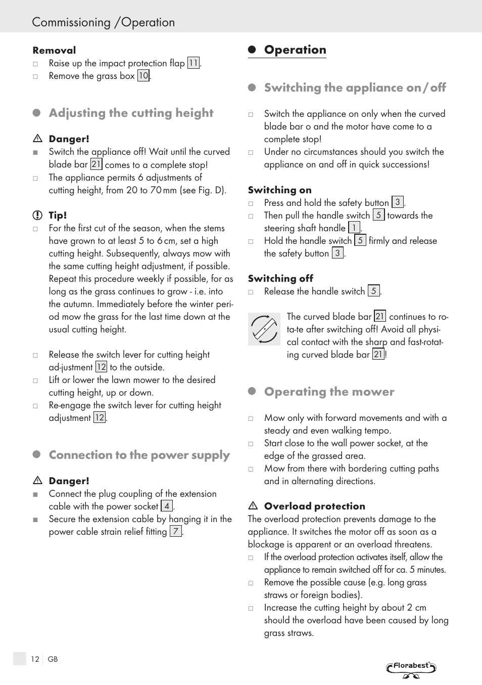 Commissioning /operation, Adjusting the cutting height, Connection to the power supply | Operation, Switching the appliance on / off, Operating the mower | Kompernass FSM R1 User Manual | Page 10 / 90