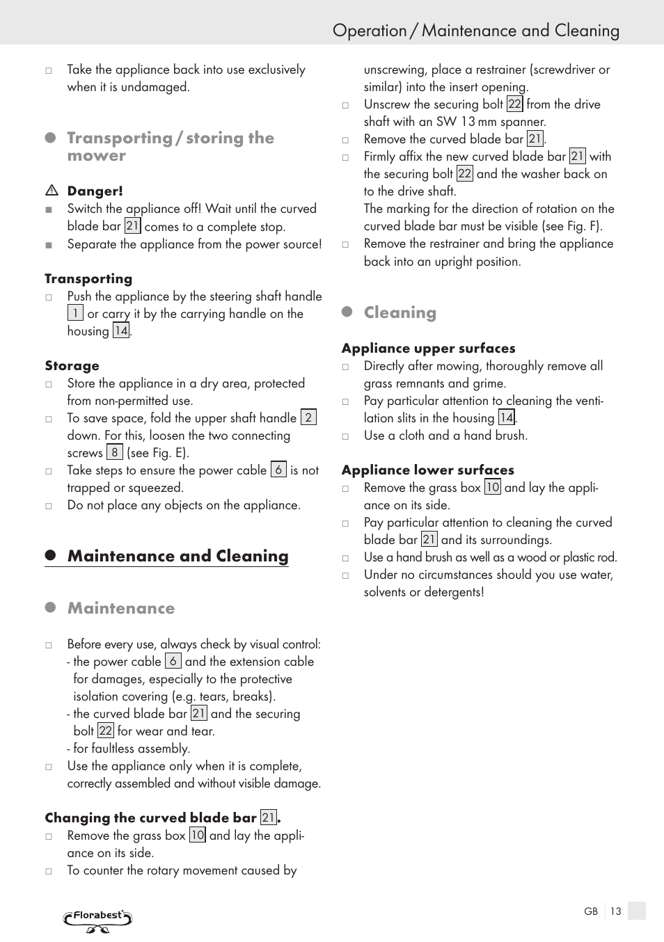 Operation / maintenance and cleaning, Transporting / storing the mower, Maintenance and cleaning | Maintenance, Cleaning | Kompernass FSM R1 User Manual | Page 11 / 90