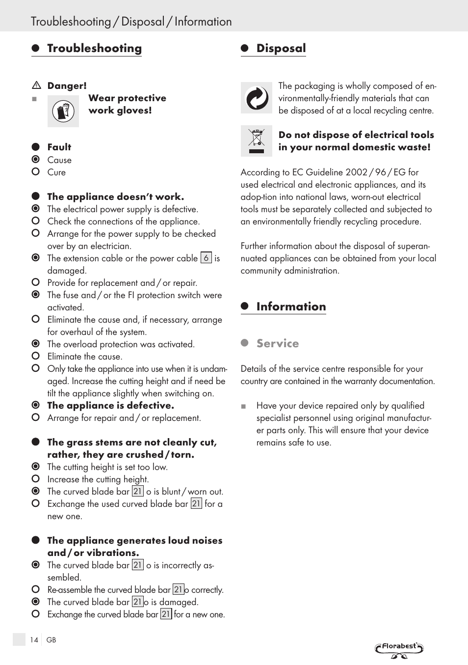 Troubleshooting / disposal / information, Troubleshooting, Disposal | Information, Service | Kompernass FSM R1 User Manual | Page 12 / 90