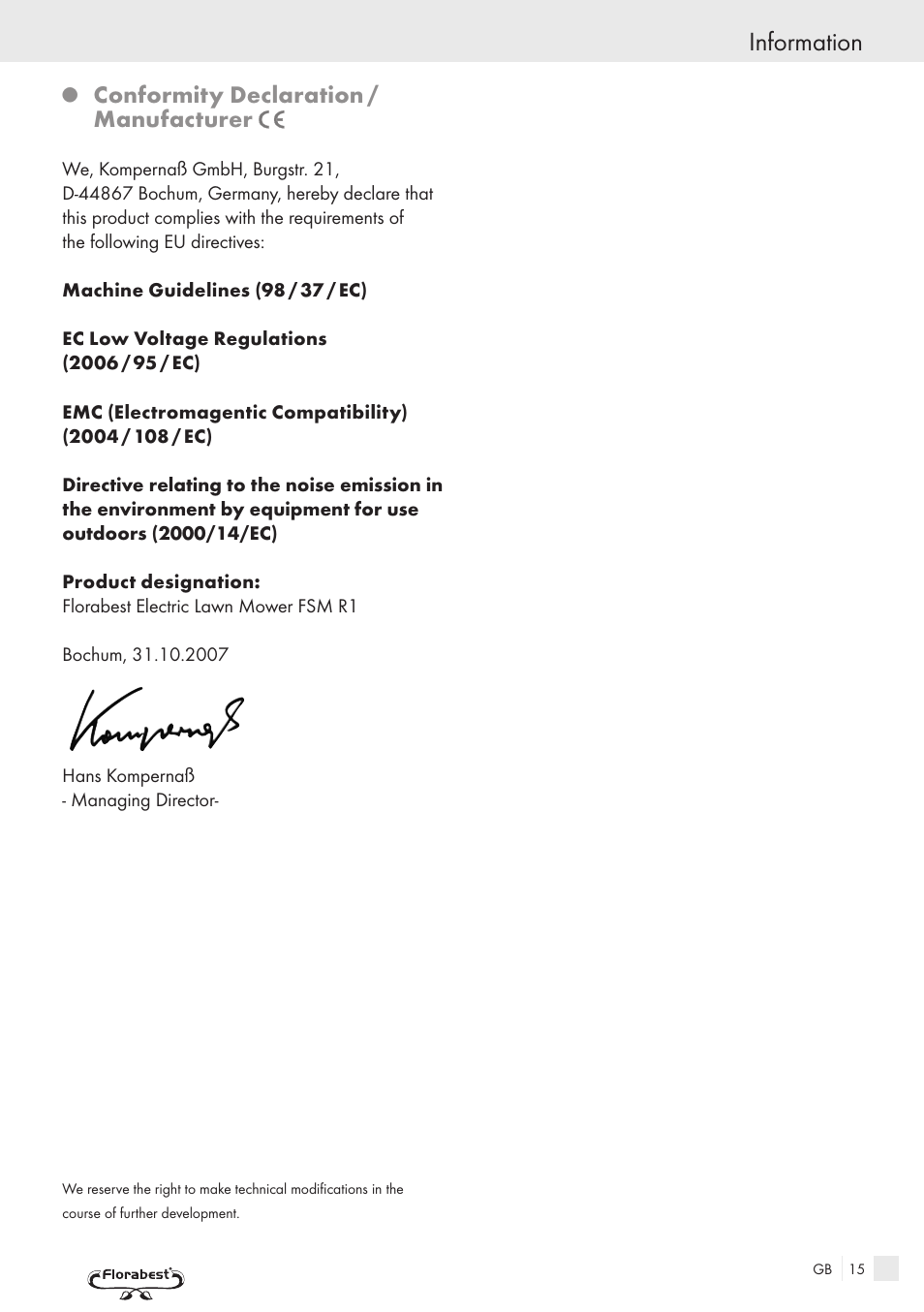 Information, Conformity declaration / manufacturer | Kompernass FSM R1 User Manual | Page 13 / 90