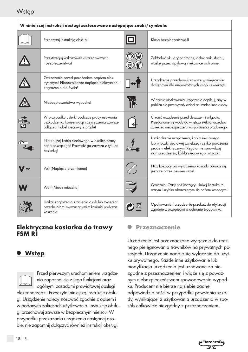 Wstęp, Elektryczna kosiarka do trawy fsm r1, Przeznaczenie | Kompernass FSM R1 User Manual | Page 16 / 90