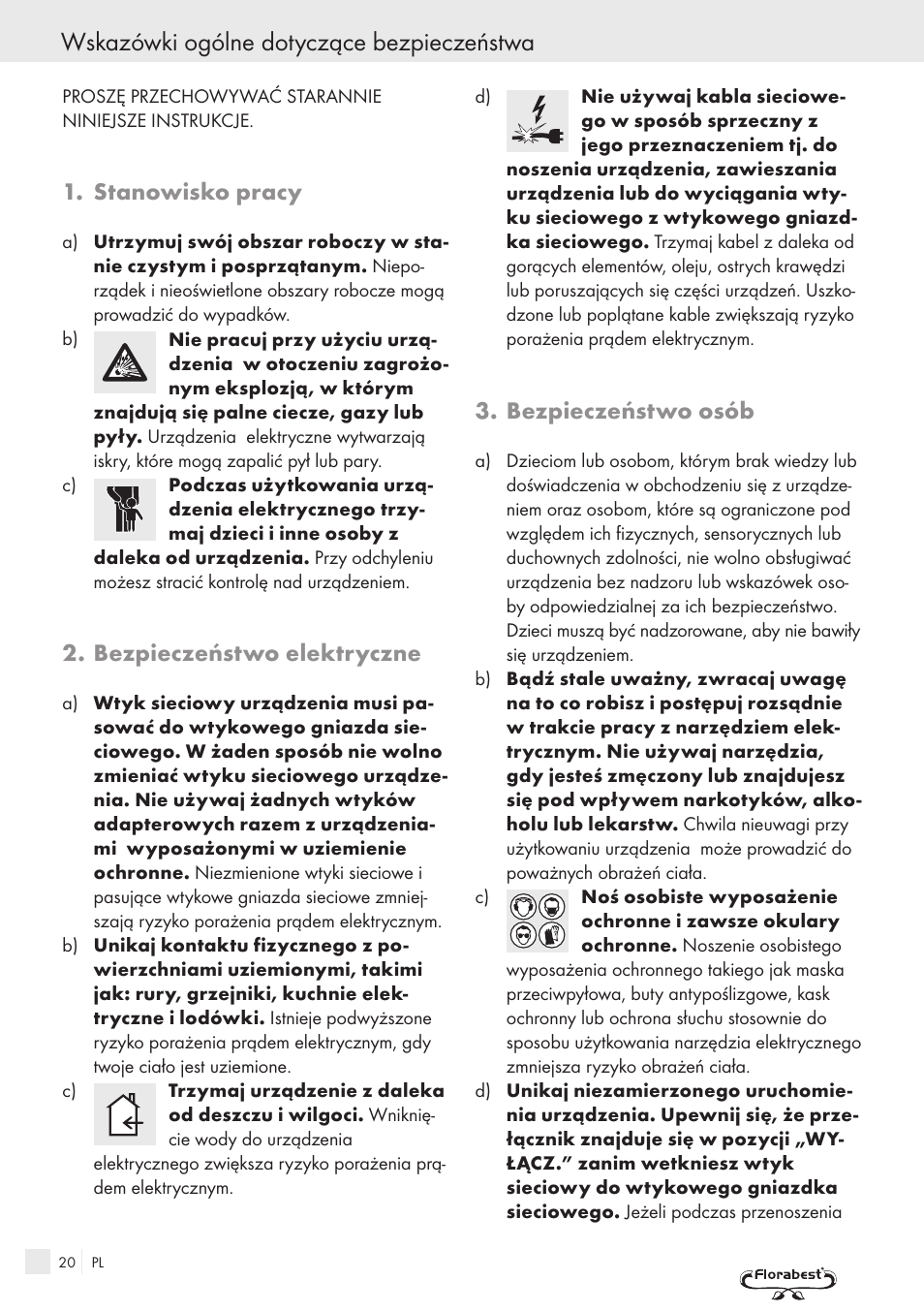Wskazówki ogólne dotyczące bezpieczeństwa, Stanowisko pracy, Bezpieczeństwo elektryczne | Bezpieczeństwo osób | Kompernass FSM R1 User Manual | Page 18 / 90