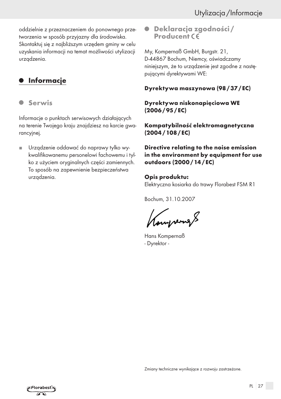 Utylizacja /informacje, Informacje, Serwis | Deklaracja zgodności / producent | Kompernass FSM R1 User Manual | Page 25 / 90