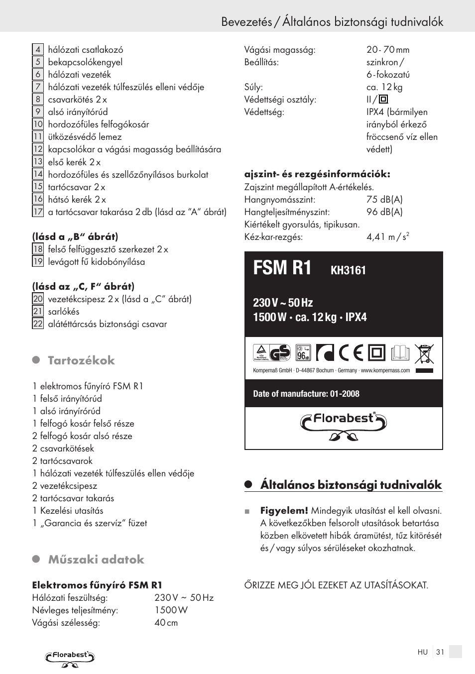 Fsm r1, Bevezetés / általános biztonsági tudnivalók, Tartozékok | Műszaki adatok, Általános biztonsági tudnivalók | Kompernass FSM R1 User Manual | Page 29 / 90