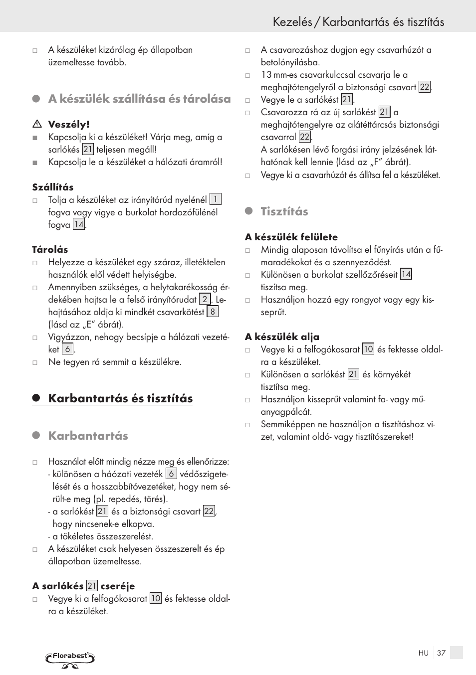 Kezelés / karbantartás és tisztítás, A készülék szállítása és tárolása, Karbantartás és tisztítás | Karbantartás, Tisztítás | Kompernass FSM R1 User Manual | Page 35 / 90