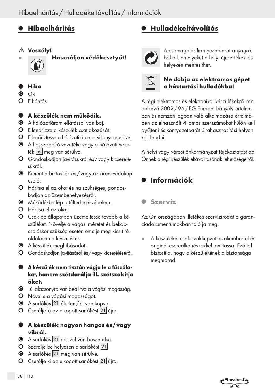 Hibaelhárítás / hulladékeltávolítás / információk, Hibaelhárítás, Hulladékeltávolítás | Információk, Szervíz | Kompernass FSM R1 User Manual | Page 36 / 90