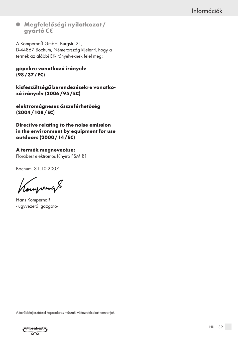 Információk, Megfelelőségi nyilatkozat / gyártó | Kompernass FSM R1 User Manual | Page 37 / 90